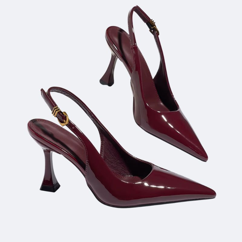 Back view of women’s burgundy patent slingback pumps