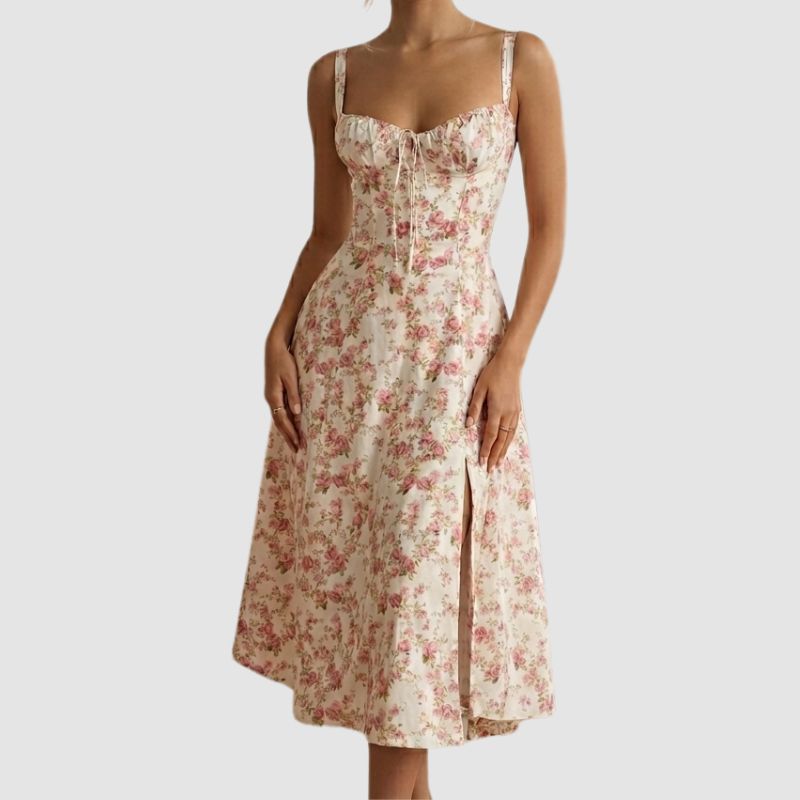 Close-up detail of structured bustier bodice and floral print women’s dress