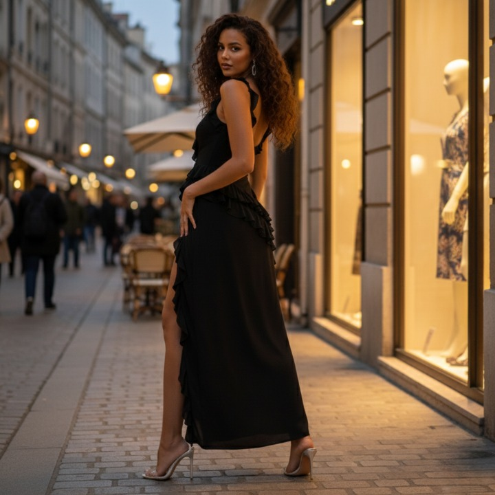 back view of Carmen Maxi Dress in deep red with ruffle detail