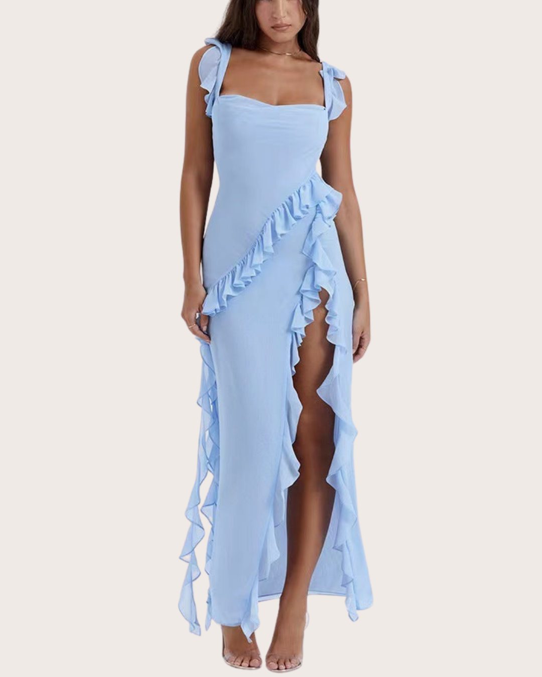 Front view of Carmen Maxi Dress in deep burgundy with ruffle detail