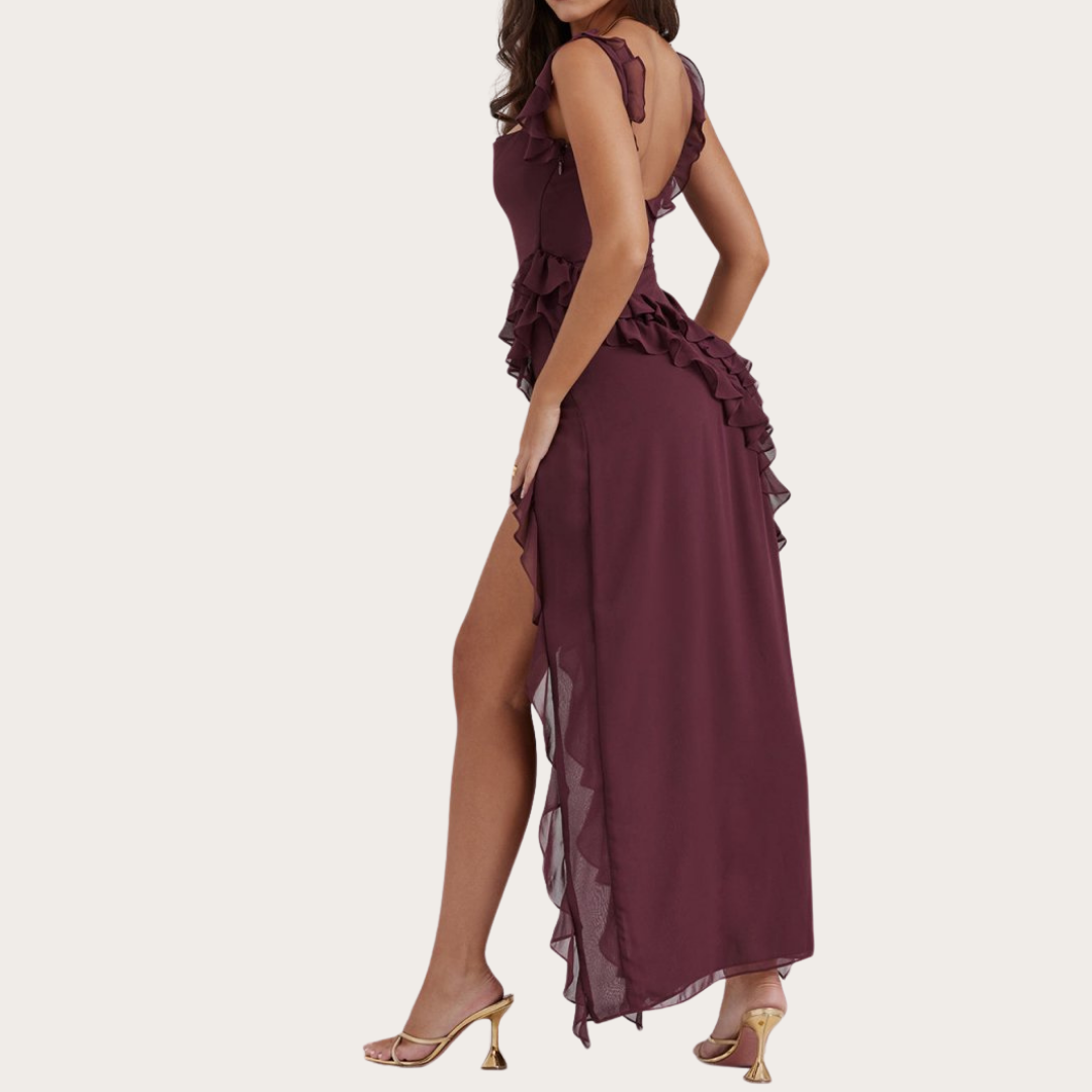 Back view of Carmen Maxi Dress in deep burgundy, elegant maxi style