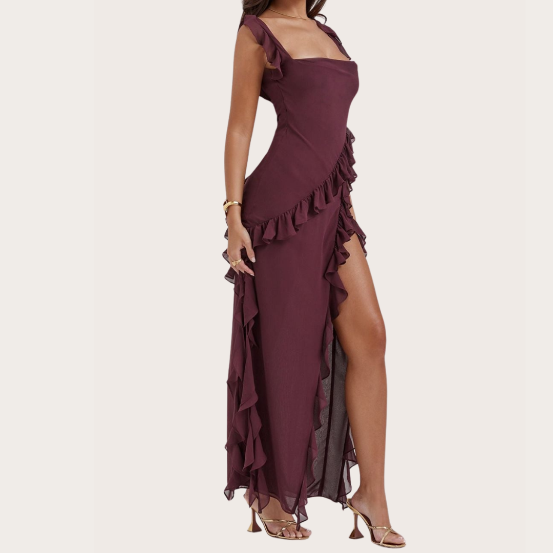Front view of Carmen Maxi Dress in deep burgundy with ruffle detail