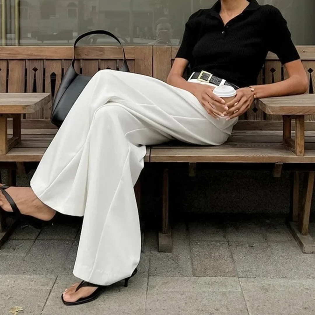 Elegant office and casual outfit with white wide leg pants