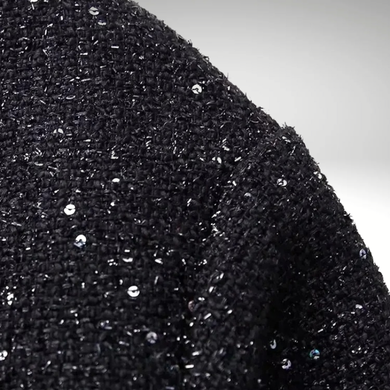 Veste femme noire à sequins – Chic vintage, col montant, coupe ample pour soirées et cocktails