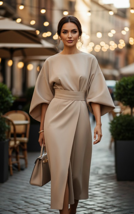 Woman wearing beige batwing midi dress with cinched waist