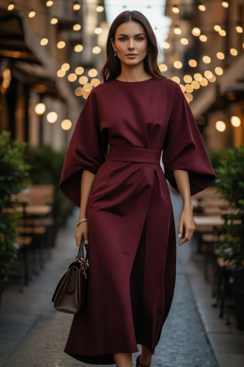 Burgundy batwing sleeve midi dress flowing A-line silhouette