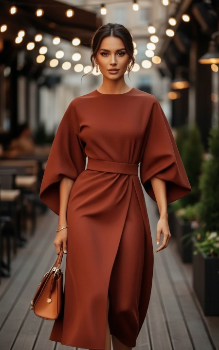 Woman wearing orange batwing midi dress with flowing sleeves