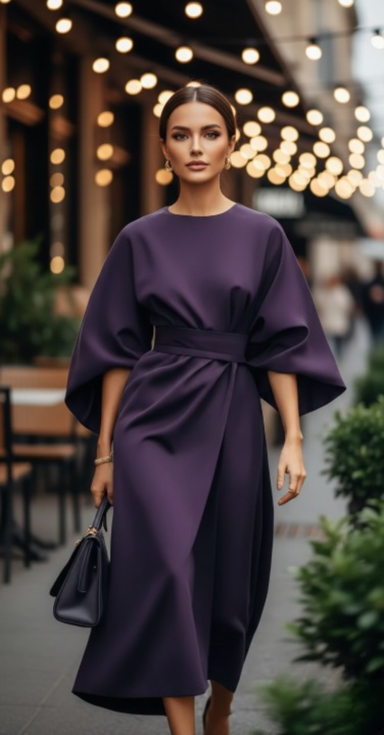 Woman wearing purple batwing sleeve midi dress outdoors