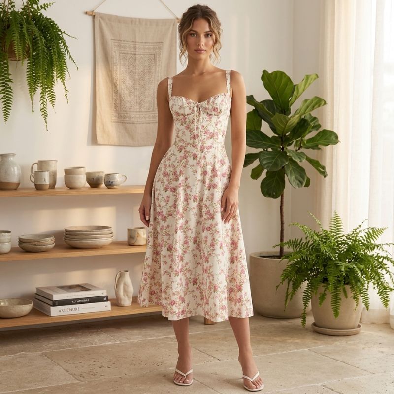Elegant floral midi dress for women with structured bustier design front view