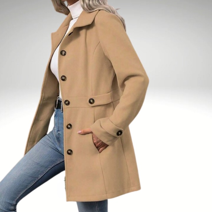 Brown  autumn winter wool coat for women with fitted cut and high collar