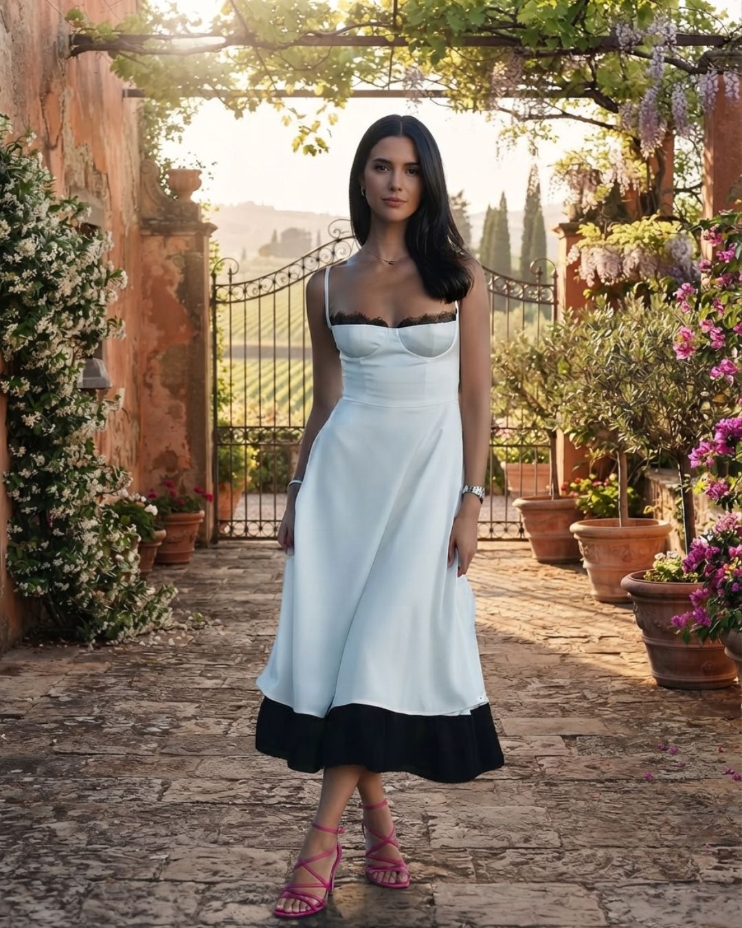 Elegant women's black and white midi dress front view featuring a V-neckline, spaghetti straps, and a flattering cinched waist