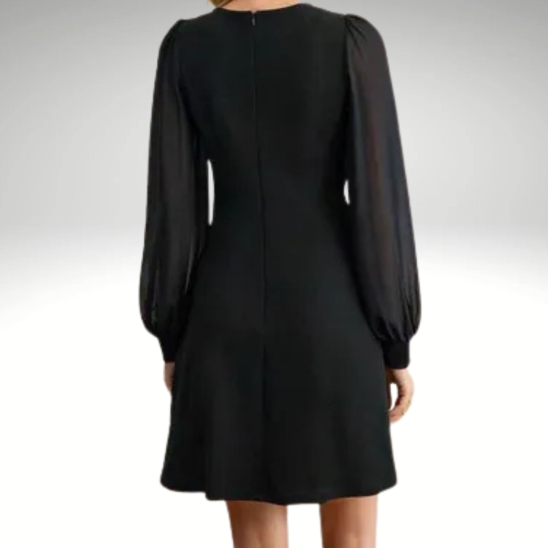 Back view of elegant women’s trapeze mini dress