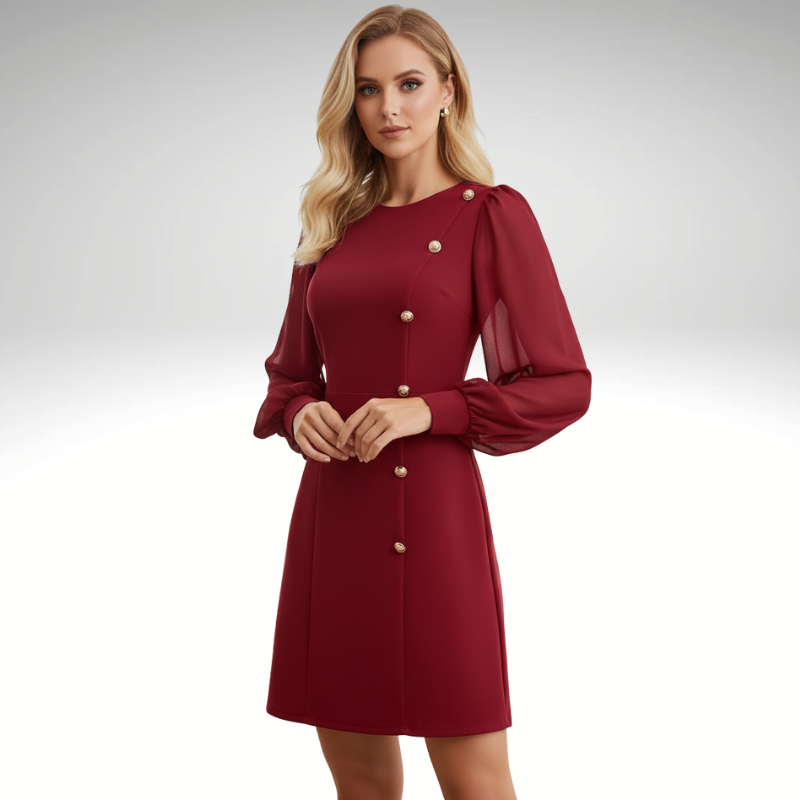 Elegant women’s burgundy mini dress with long sleeves and round neckline
