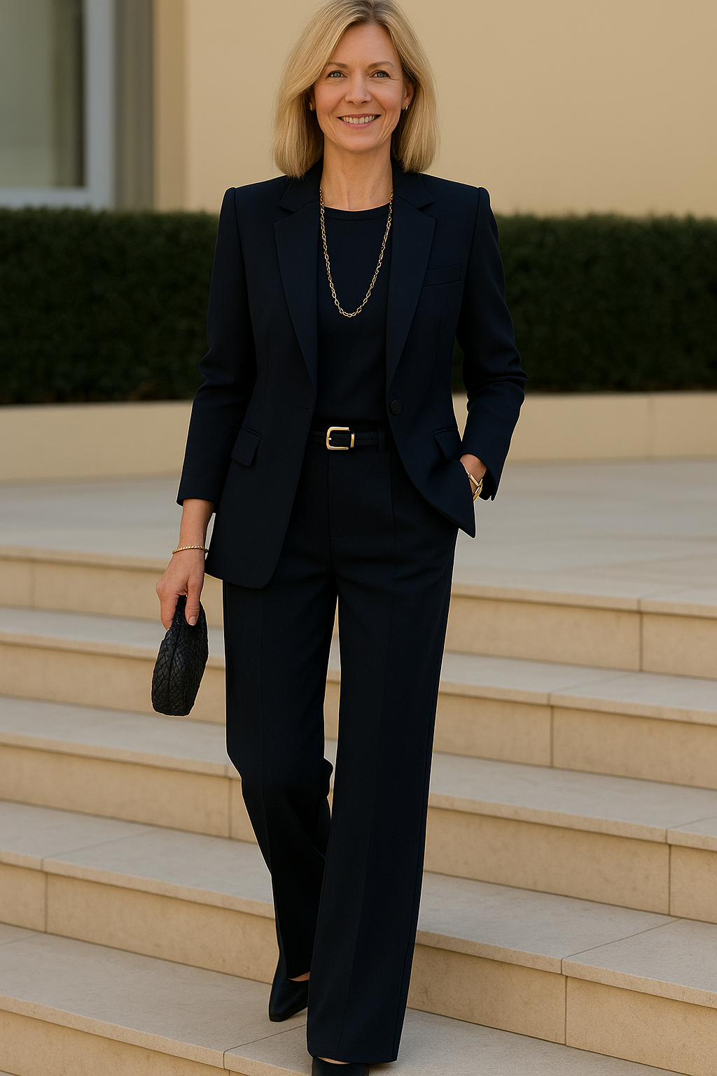 Elegant women’s suit – chic blazer and trousers set in black, single-breasted, spring autumn style