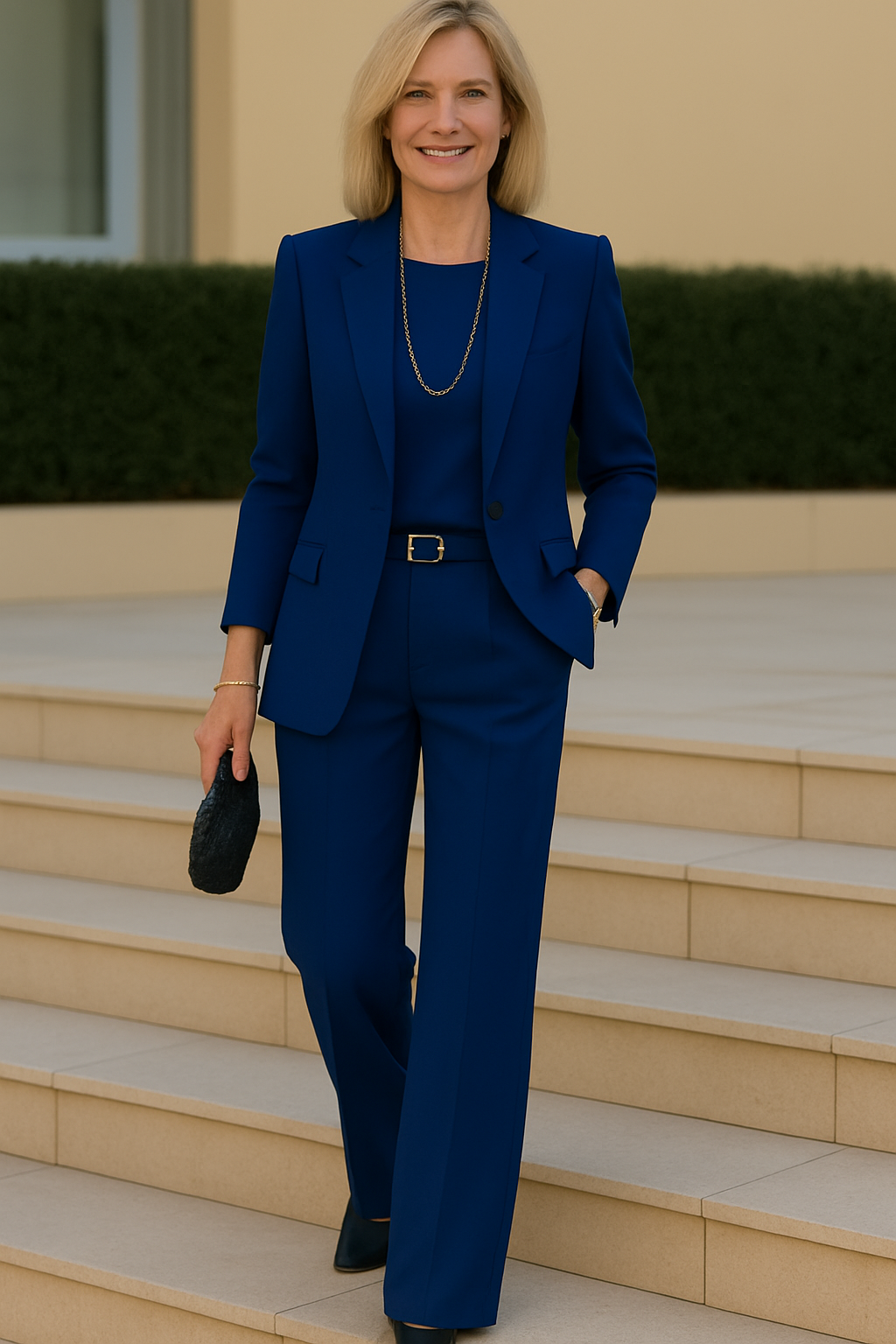 Elegant women’s suit – chic blazer and trousers set in blue, single-breasted, spring autumn style