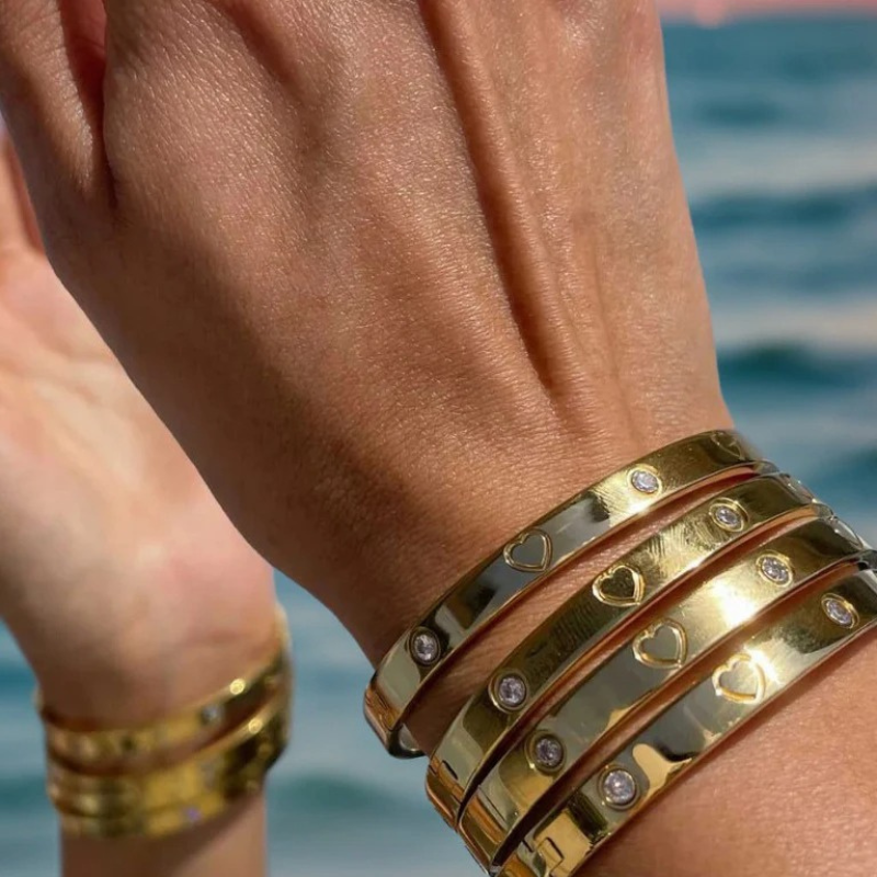 Close-up of Ella Gold Bangle Bracelet showing sparkling crystals