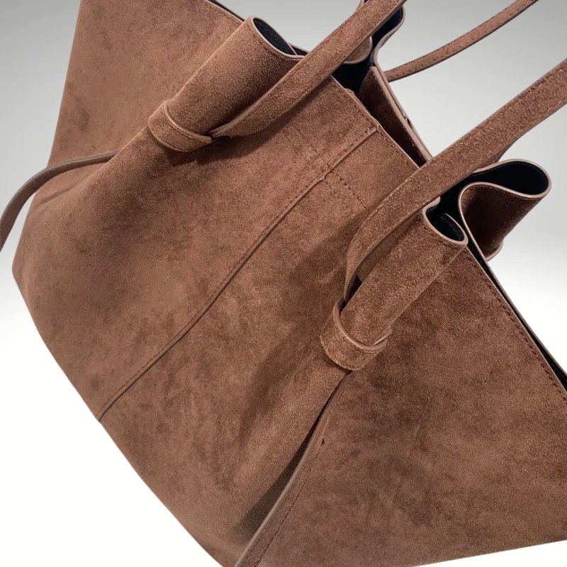 Luxury vegan tote bag in faux suede texture close-up