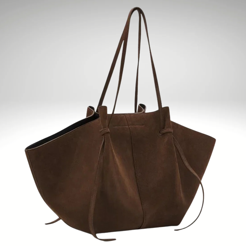 Casual women’s outfit with faux suede tote bag