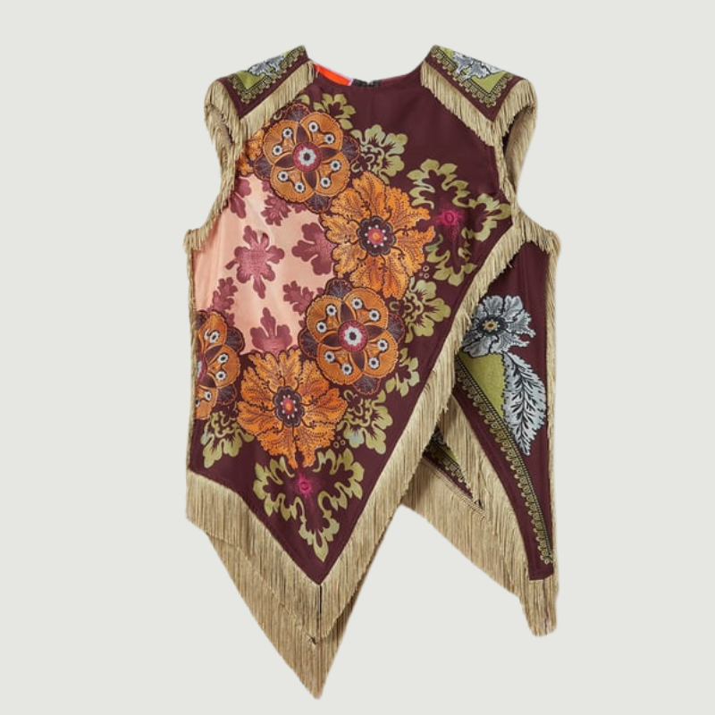Close-up detail of the fringe accents and vintage-floral-fringe-top-women-back