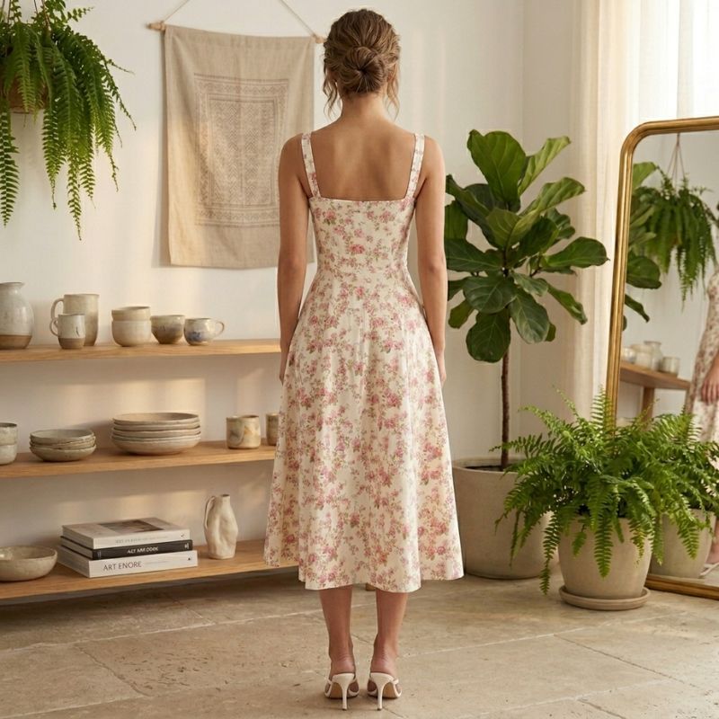 Elegant floral midi dress for women back view with flattering silhouette