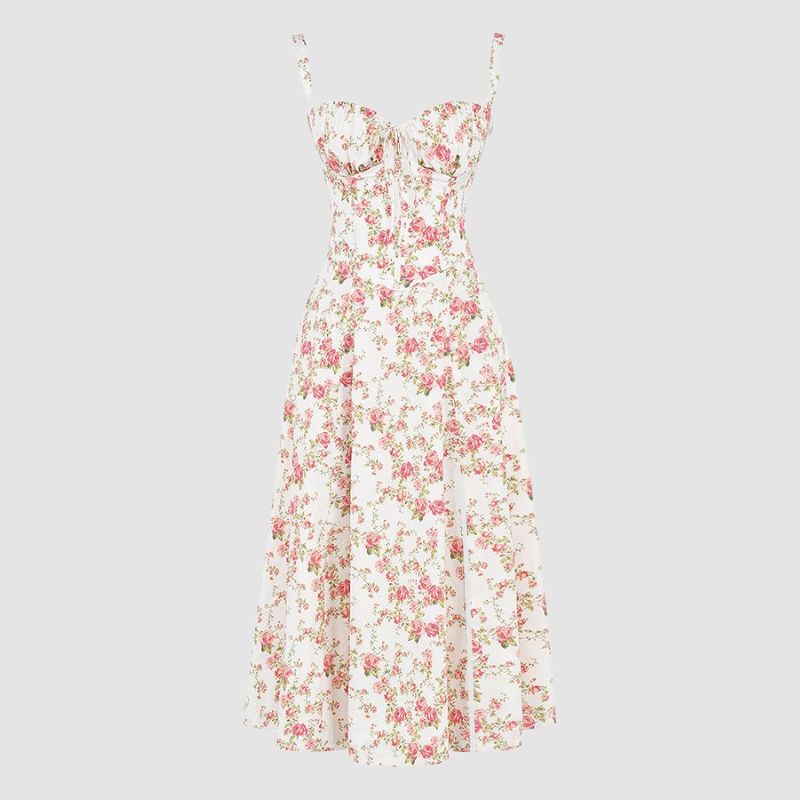 Close-up full view of elegant floral midi dress for women featuring a structured bustier silhouette and romantic floral print