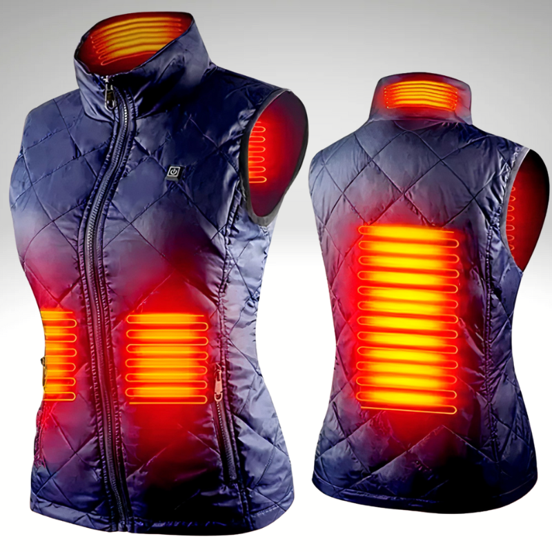 Illustration showing 9 infrared heating zones on women’s heated vest – even warmth for back, shoulders, and abdomen.