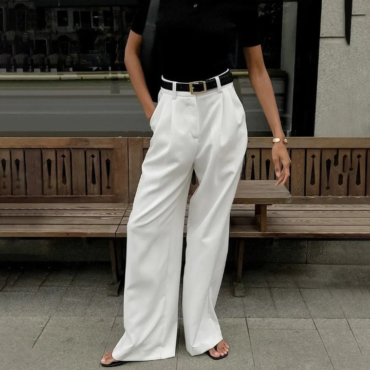 White flowy straight leg trousers for women spring autumn