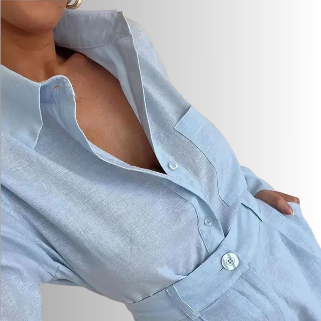 womens-linen-shirt-shorts-set-blue-detail