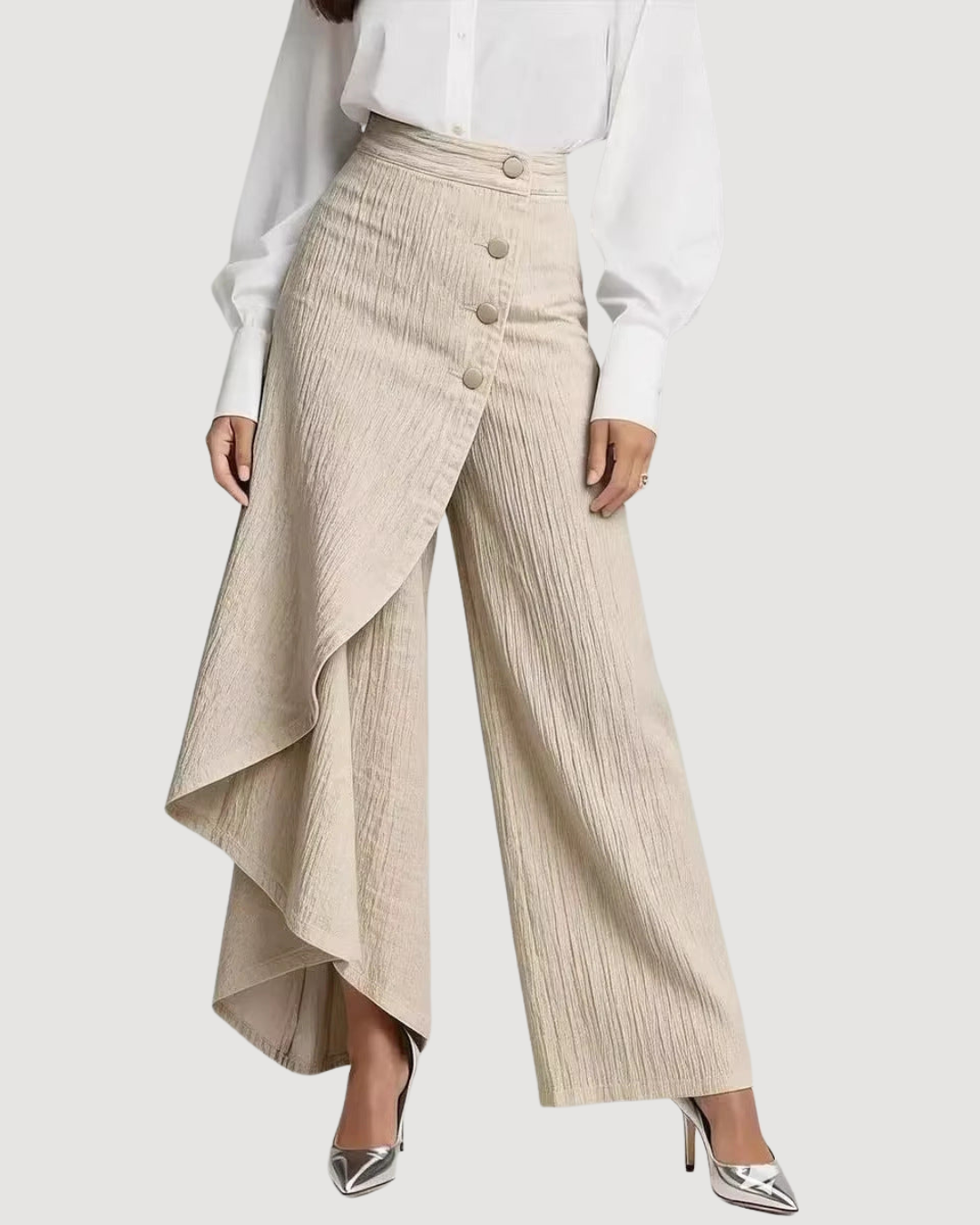 beige Women’s high waisted wide leg jeans asymmetrical front