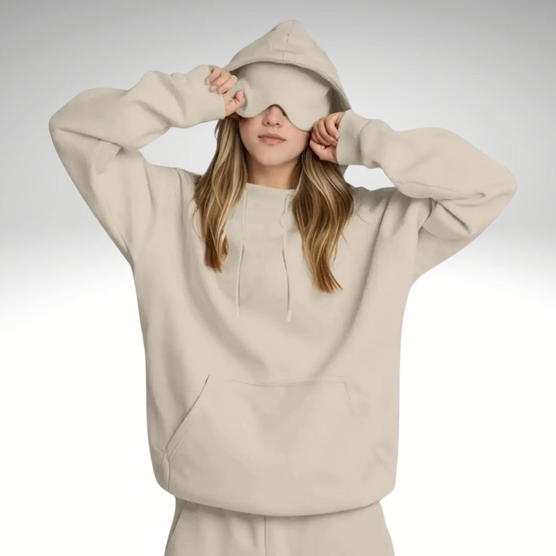 Oversized beige women's hoodie with built-in eye mask