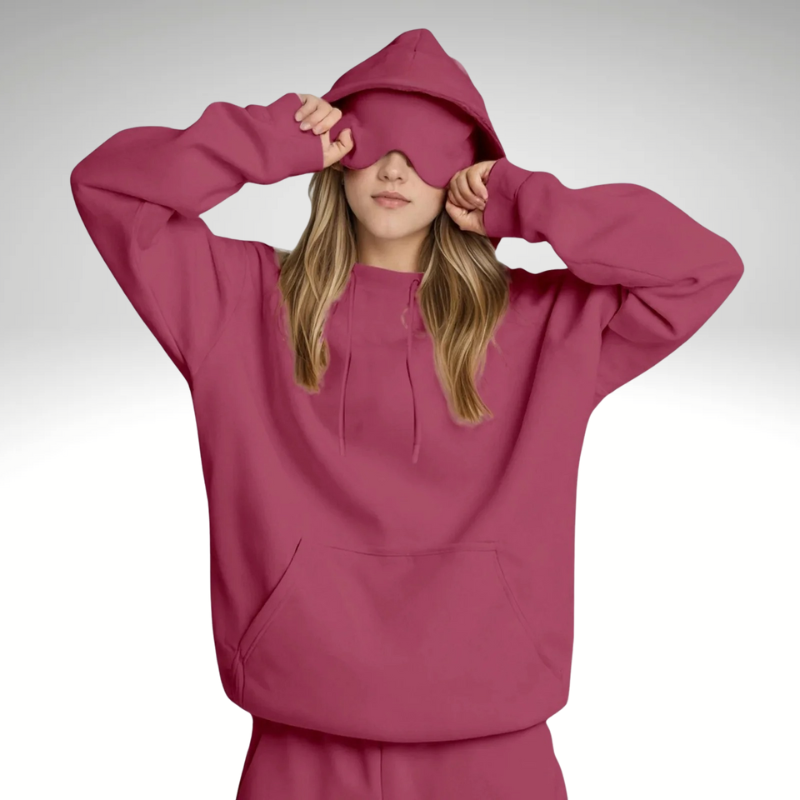 Oversized burgundy women's hoodie with eye mask for relaxation