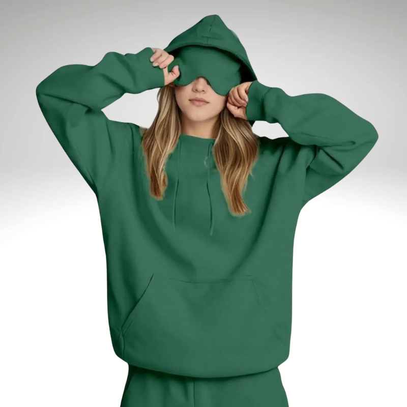 Oversized dark green women's hoodie with eye mask