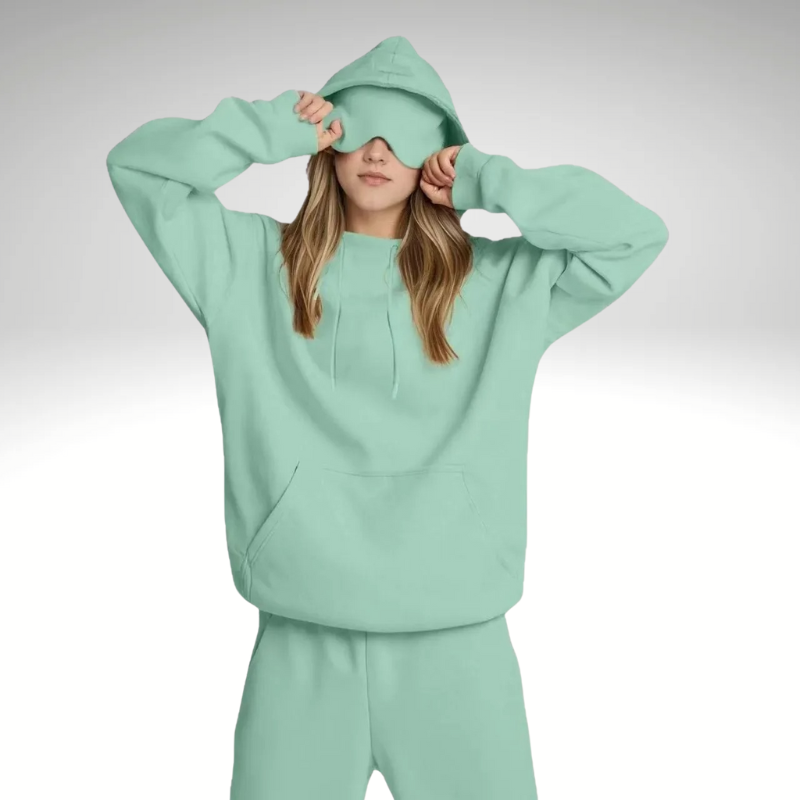 Oversized light green women's hoodie with eye mask