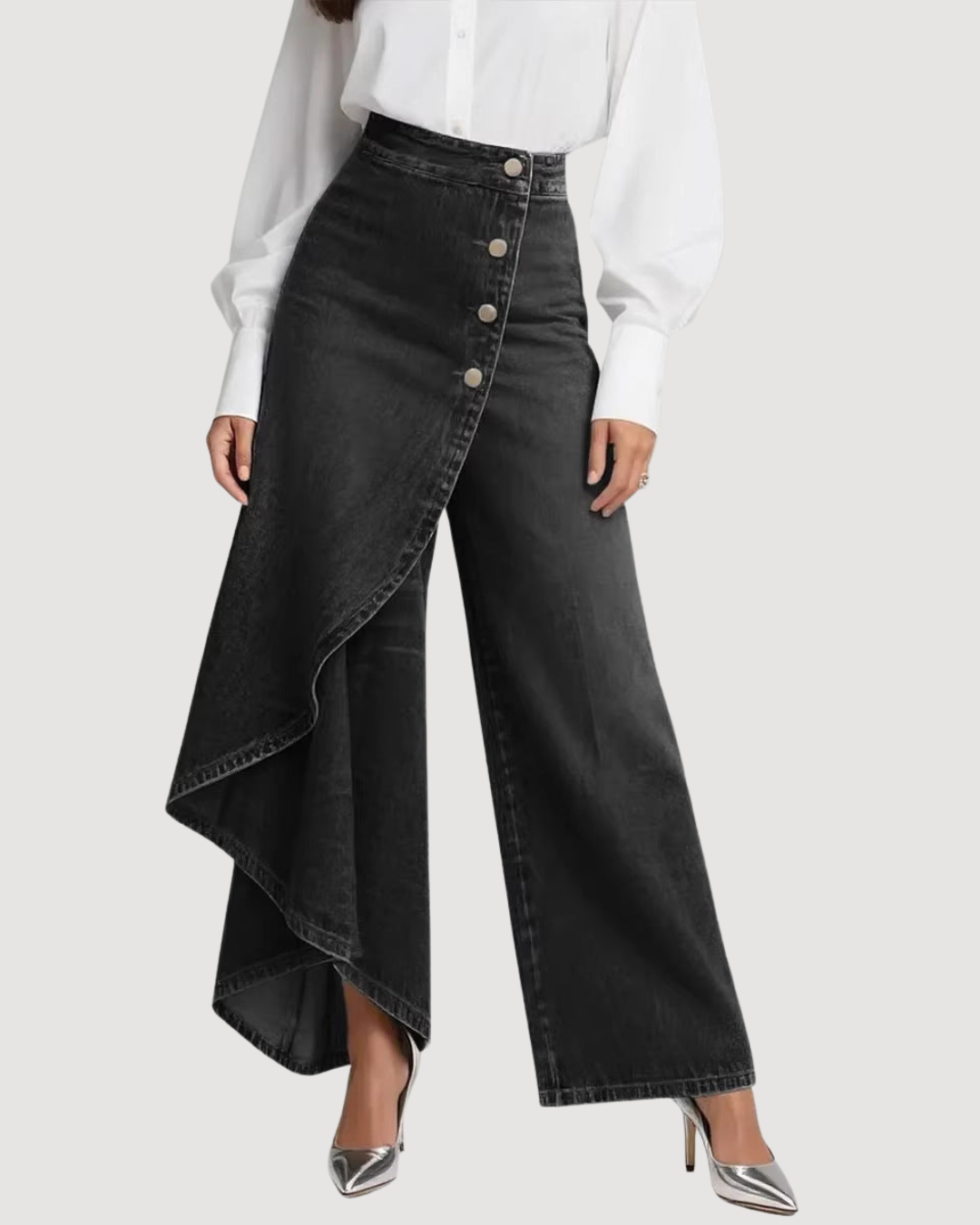 Black Women’s high waisted wide leg jeans asymmetrical front