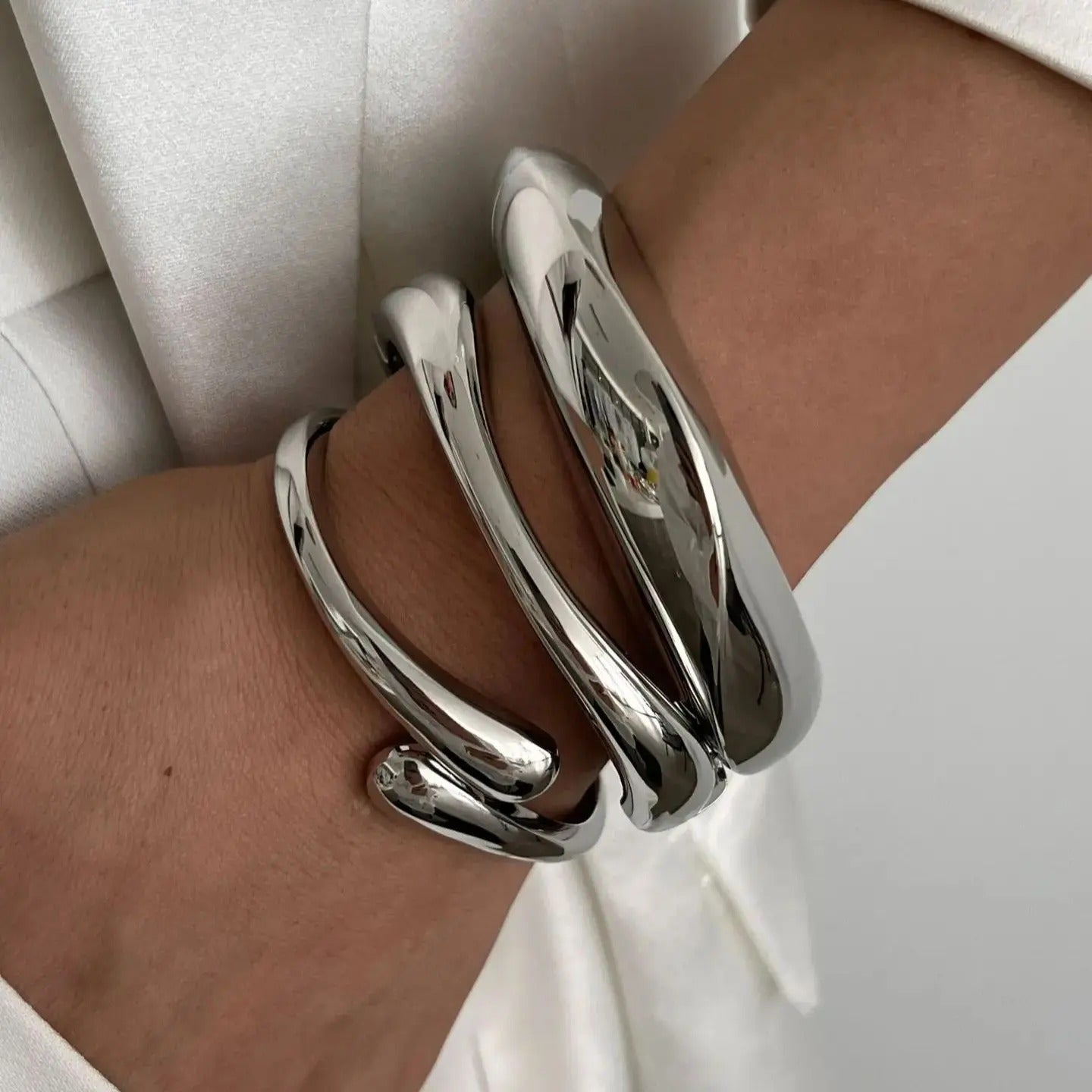 Front view of Ilona silver Cuff Bracelet, bold sculptural design