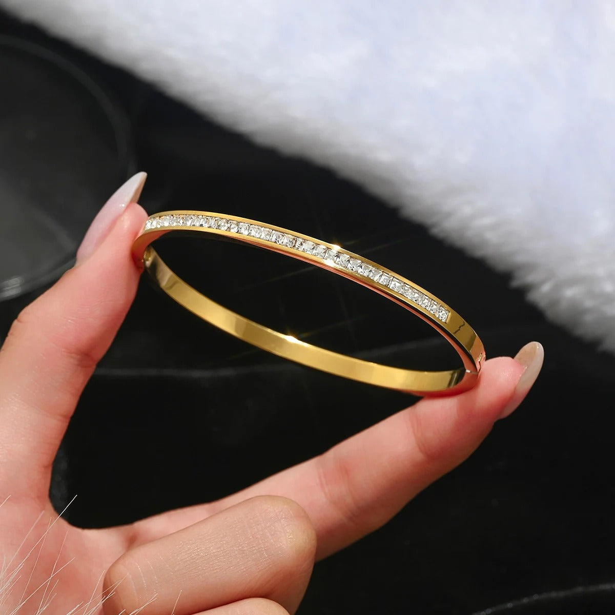 Isla Bracelet – women’s gold nail bangle with zirconia stones, elegant fashion jewelry