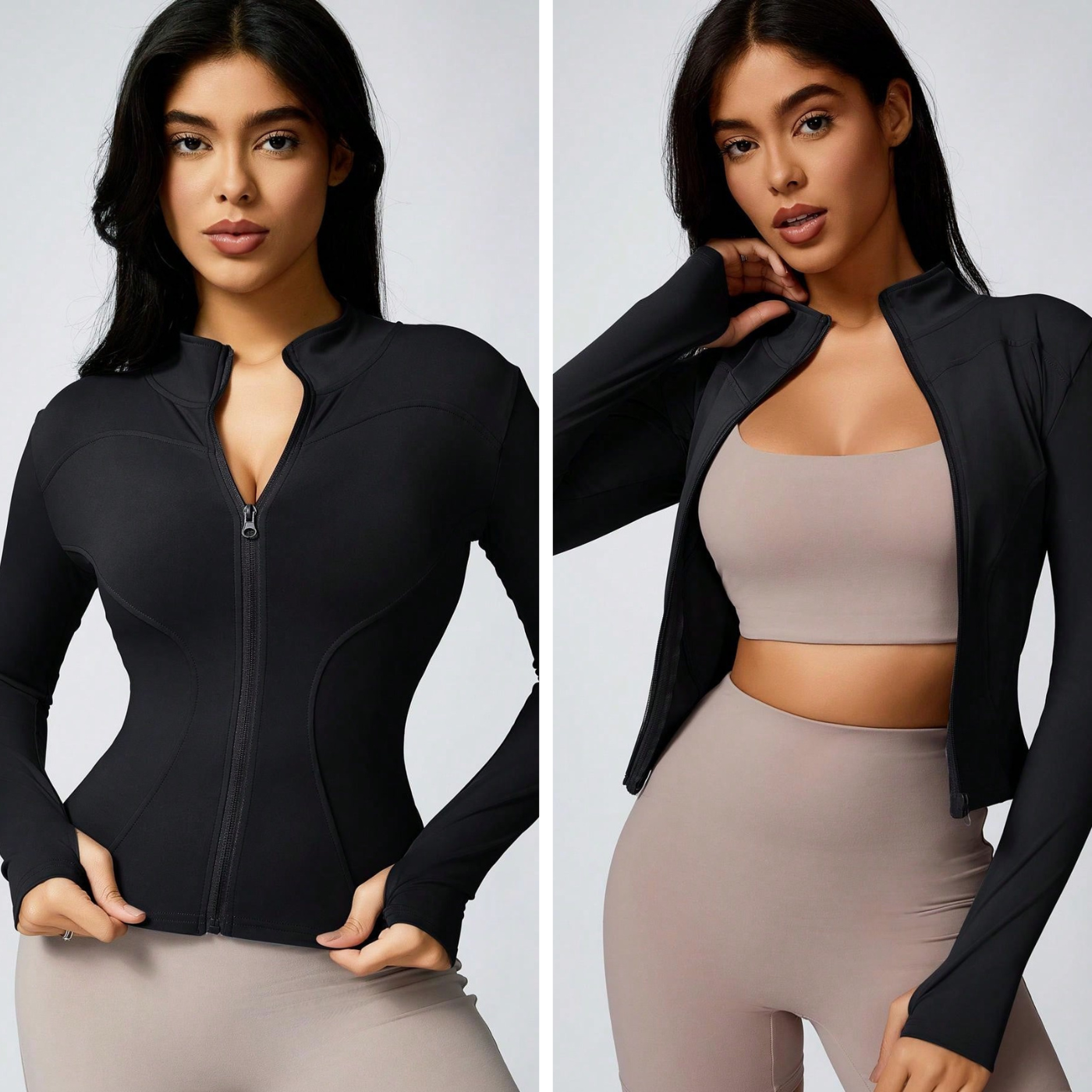 Close-up of black  women’s zip jacket fabric, soft and comfortable.