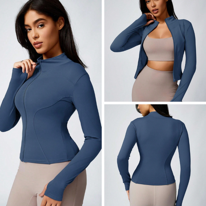 Close-up of blue women’s zip jacket fabric, soft and comfortable