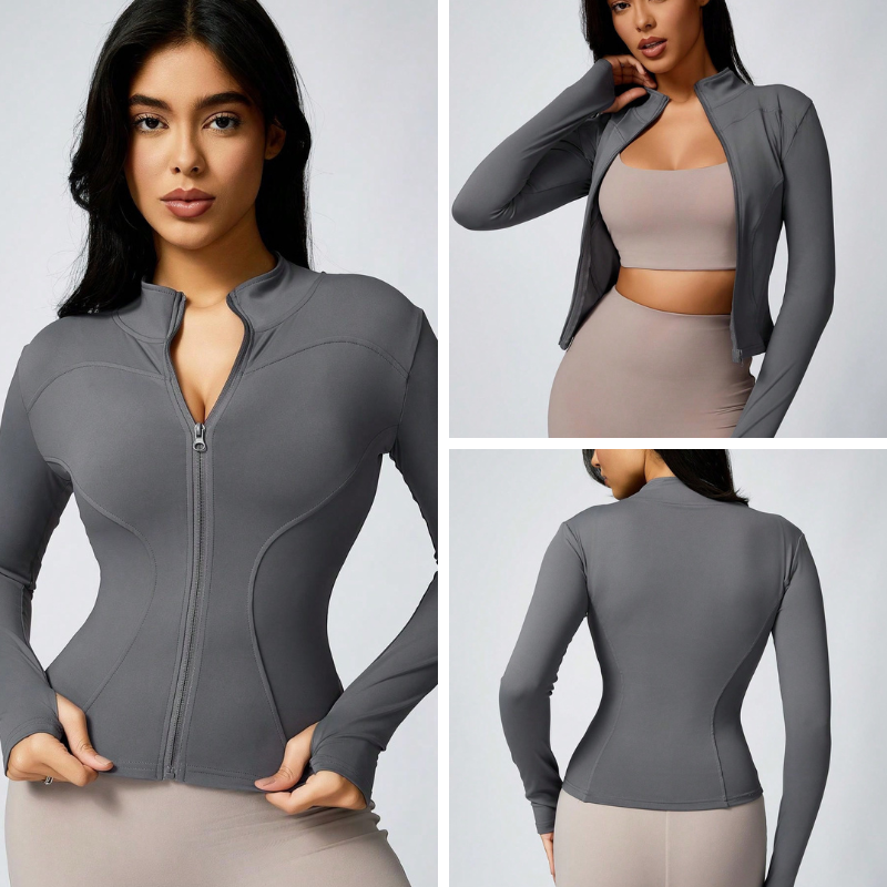 Close-up of gray women’s zip jacket fabric, soft and comfortable.