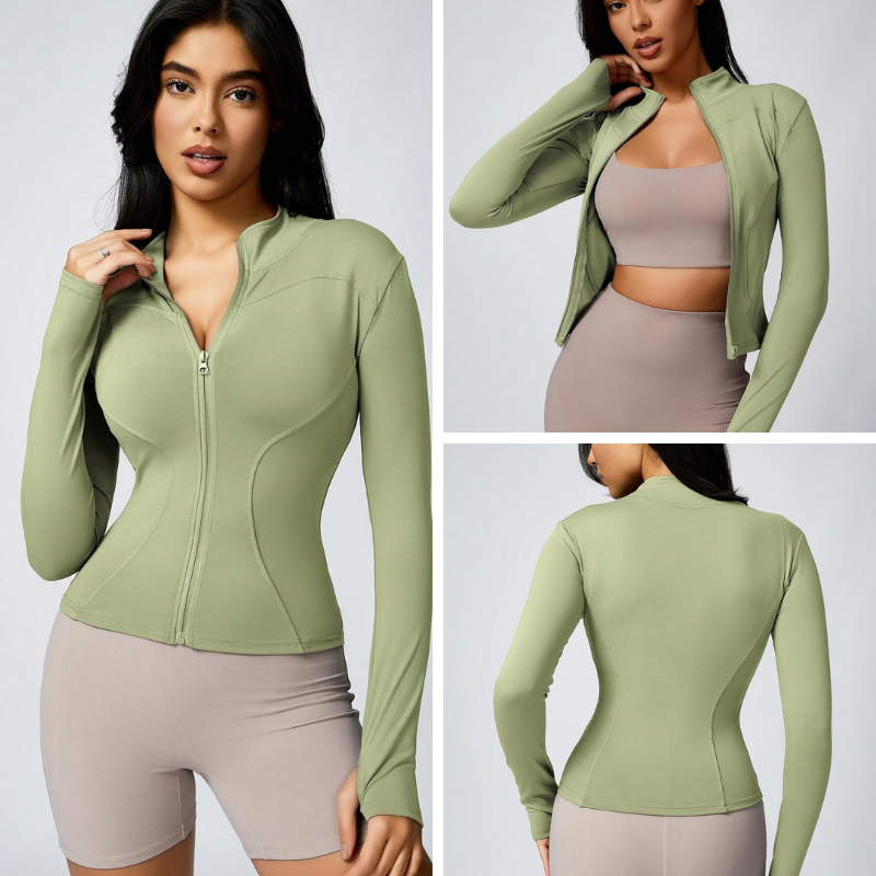 Close-up of green women’s zip jacket fabric, soft and comfortable.