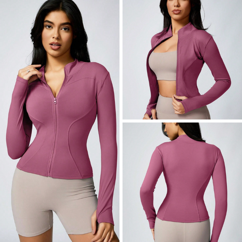 Close-up of pink women’s zip jacket fabric, soft and comfortable