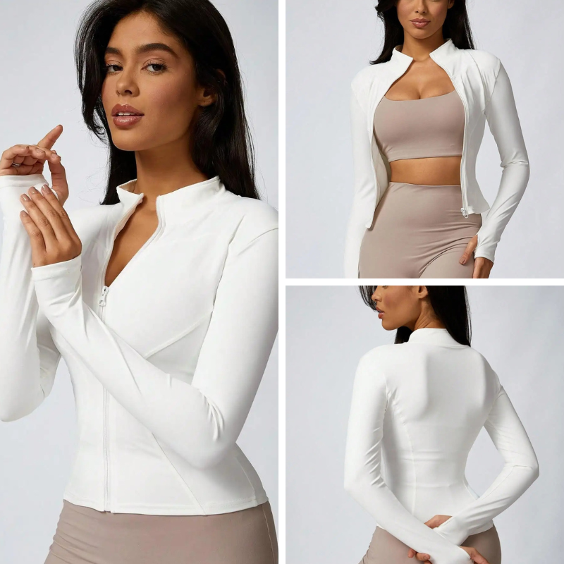 Close-up of white women’s zip jacket fabric, soft and comfortable.