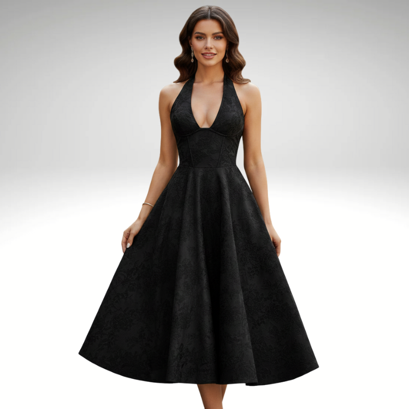 Black jacquard evening dress with halter neck