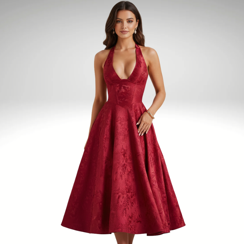 Backless red jacquard evening dress for women