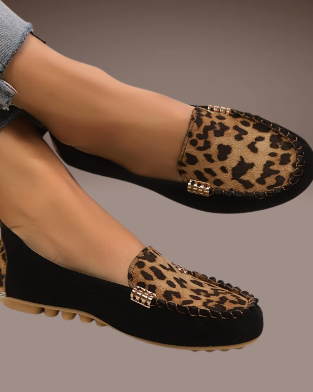 Side view of women’s leopard flat shoes – black suede mix with leopard print, flat heel 1.5 cm