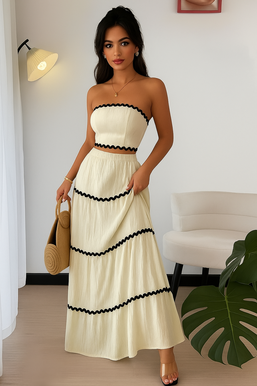 Model wearing the Malia Two-Piece Set – strapless top and tiered skirt in cream with black trim