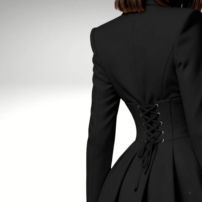 Women’s mini black blazer dress with deep V neckline back