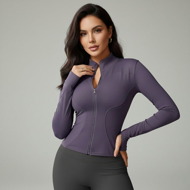 norah -Purple women’s zip-up sports jacket with turtleneck – front view