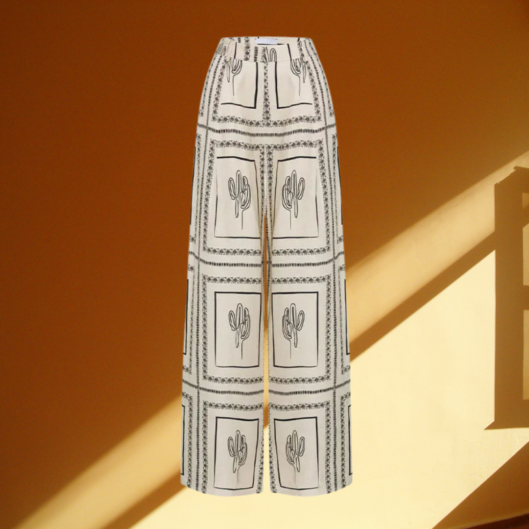 Beige cotton  pants with cactus print for women