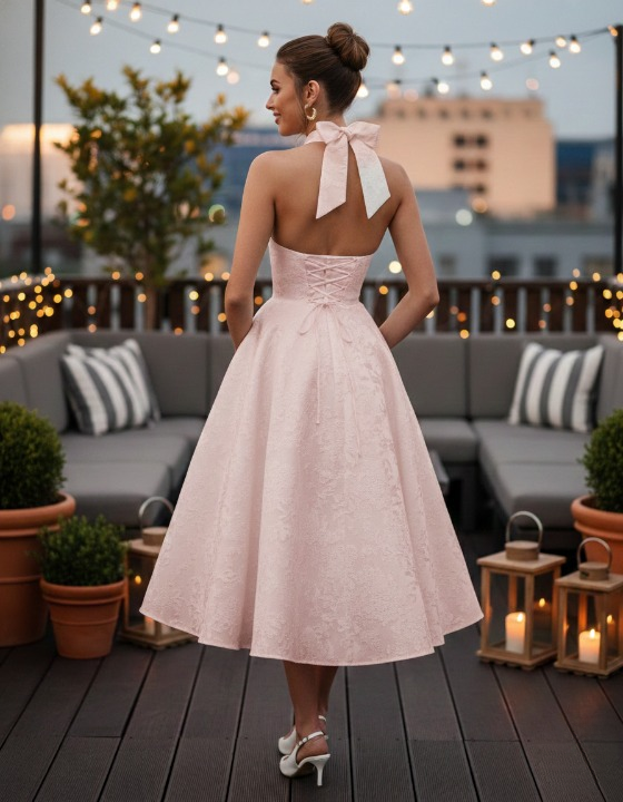 Pink jacquard dress – back view highlighting jacquard details